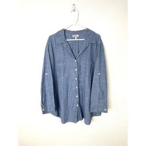 Hesters Orchard Shirt Womens 2X Button Front Chambray Blue Pocket Blouse Casual